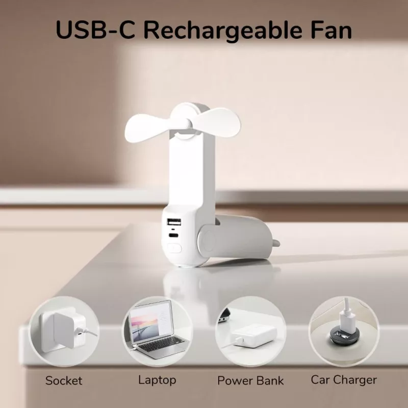 JISULIFE Nešiojamas Ventiliatorius 8 Baltas USB Ventiliatorius su Power Bank 2000mAh ir Žibintuvėliu