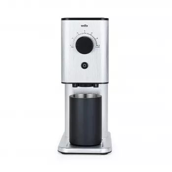 WILFA ZENSE ALUX kavos malūnėlis – kūginiai šlifavimo diskai, 40 malimo nustatymų, nerūdijančio plieno diskai, 130 W, juoda/aliuminis