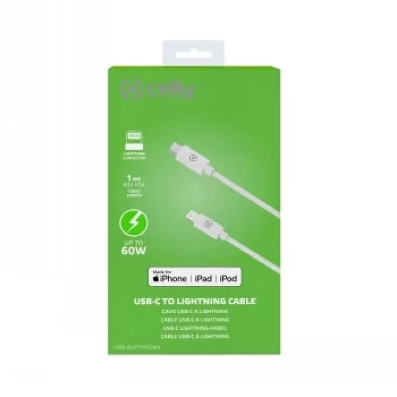 CELLY Lightning to USB-C laidas 60W - 1,2 m Baltas MFi sertifikuotas
