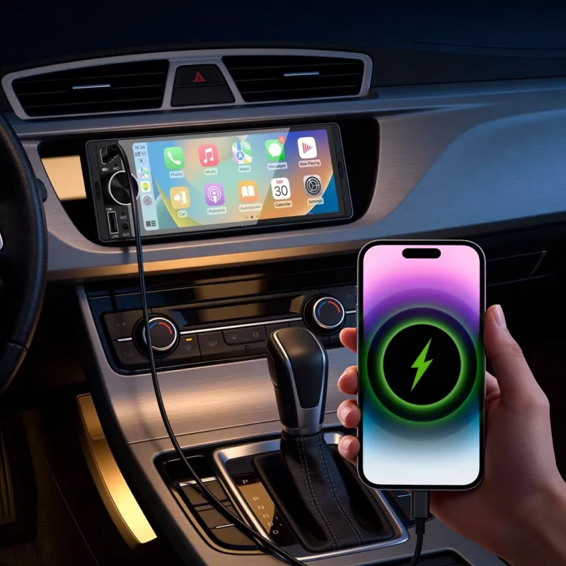 KRUGER & MATZ KM2016 1DIN automagnetola su Apple CarPlay ir Android Auto, 7 colių LCD jutikliniu ekranu, Bluetooth 5.0, FM/AM imtuvu, 4x45W