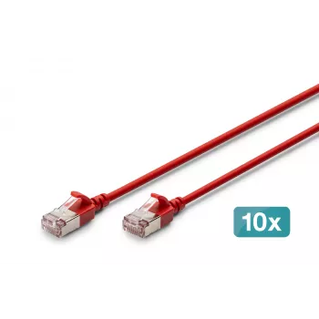 DIGITUS CAT 6A F/FTP plonas jungiamasis laidas, 0,3 m, raudonas, 10 vnt., LSZH, 10G Ethernet, RJ45