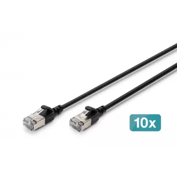 DIGITUS CAT 6A F/FTP plonas jungiamasis laidas, 0,3 m, juodas, 10 vnt. pakuotė, LSZH, 10Gbps, 500MHz