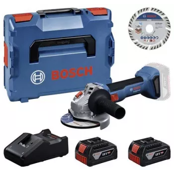 Bosch Professional GWS 18V-11 S belaidis kampinis šlifuoklis su 2x 4.0Ah baterijomis, įkrovikliu ir L-BOXX dėklu