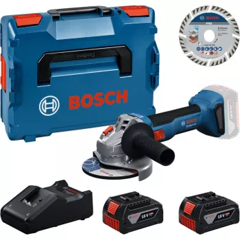 Bosch Professional GWS 18V-11 S belaidis kampinis šlifuoklis su 2x 4.0Ah baterijomis, įkrovikliu ir L-BOXX dėklu