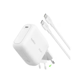 Belkin BOOSTCHARGE 100W USB-C GaN sieninis įkroviklis su 1,5 m USB-C į USB-C laidu - baltas