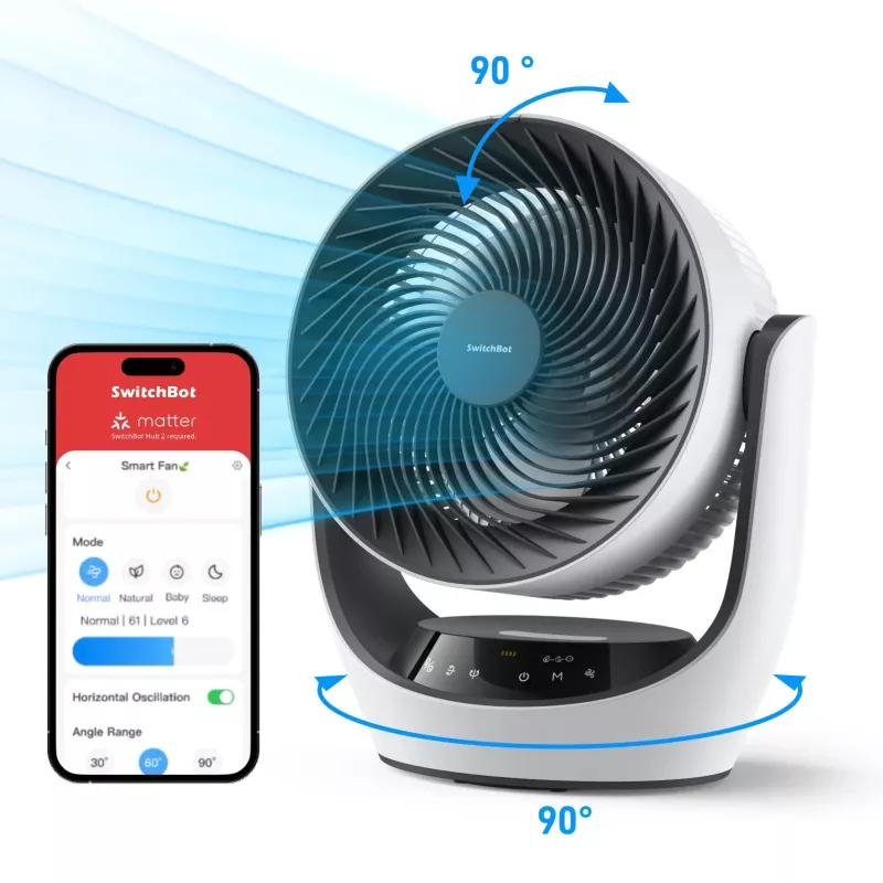 SwitchBot belaidis išmanusis cirkuliacinis ventiliatorius, 100 greičių, 90° horizontalus ir 100° vertikalus pasukimas, Bluetooth ir Wi-Fi (reikalingas Hub), baltas