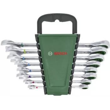 Bosch 8 dalių kombinacinis reketinis veržliarakčių rinkinys su 72 dantų reversiniu reketu, chromvanadžio, metrinis 8–19 mm, žalias/juodas dėklas