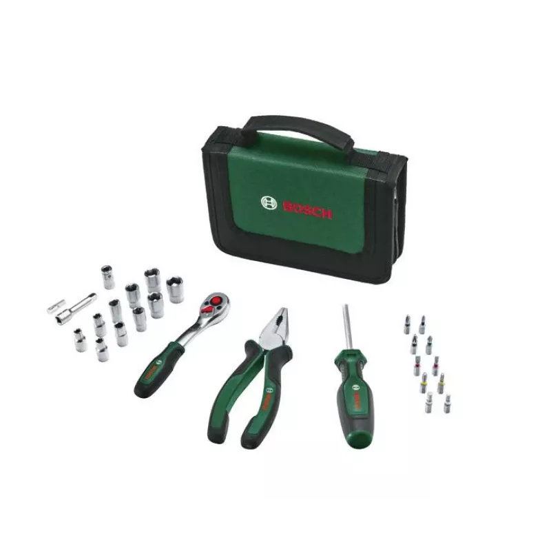 Bosch Starter įrankių rinkinys, 26 dalių (žalias/juodas, su tekstilės užtrauktuko dėklu)