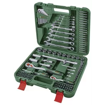 BOSCH POWERTOOLS 134 dalių DIY įrankių rinkinys žaliame dėkle su rankiniais įrankiais, antgaliais, tvirtinimo detalėmis ir priedais