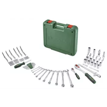 BOSCH POWERTOOLS 134 dalių DIY įrankių rinkinys žaliame dėkle su rankiniais įrankiais, antgaliais, tvirtinimo detalėmis ir priedais