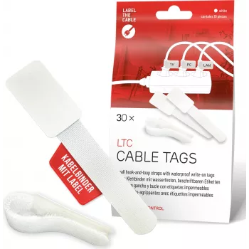LABEL THE CABLE LTC 2620-30 daugkartinio naudojimo kabelių raišteliai su etiketėmis, balti, 30 vnt.