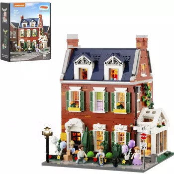 Lumibricks Redbrick Row House LED konstravimo rinkinys - 850 dalių architektūrinis modelis su integruotu šiltai baltu apšvietimu, USB maitinimas, nuo 8 metų