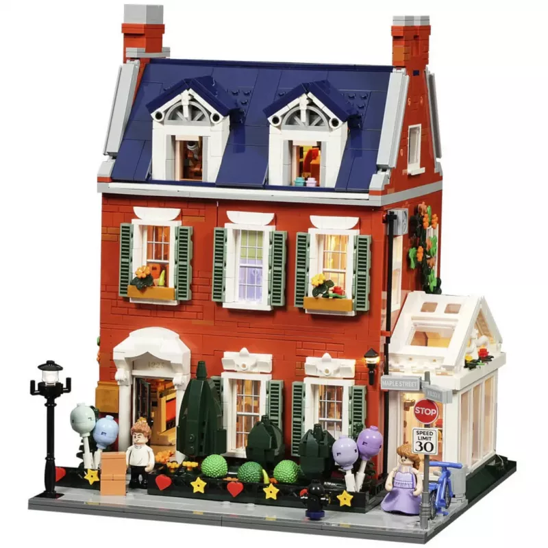 Lumibricks Redbrick Row House LED konstravimo rinkinys - 850 dalių architektūrinis modelis su integruotu šiltai baltu apšvietimu, USB maitinimas, nuo 8 metų