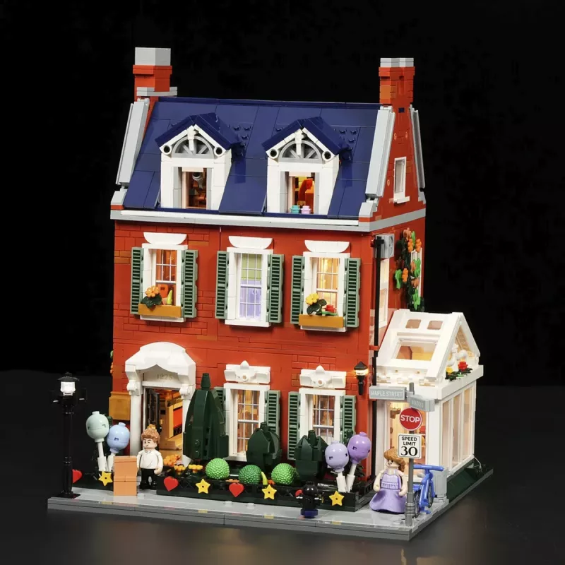 Lumibricks Redbrick Row House LED konstravimo rinkinys - 850 dalių architektūrinis modelis su integruotu šiltai baltu apšvietimu, USB maitinimas, nuo 8 metų