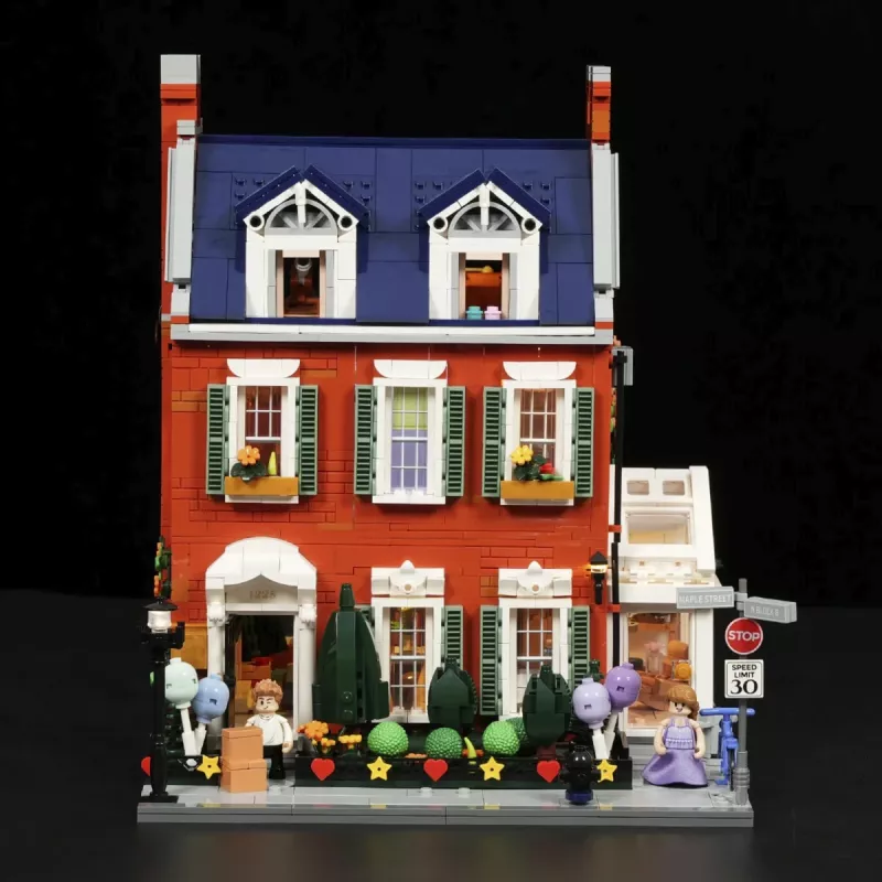 Lumibricks Redbrick Row House LED konstravimo rinkinys - 850 dalių architektūrinis modelis su integruotu šiltai baltu apšvietimu, USB maitinimas, nuo 8 metų