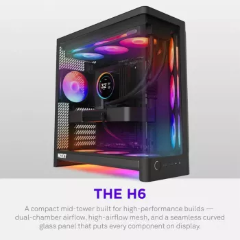 NZXT H6 2026 vidutinio bokšto oro srauto žaidimų korpusas juodas, grūdintas stiklas