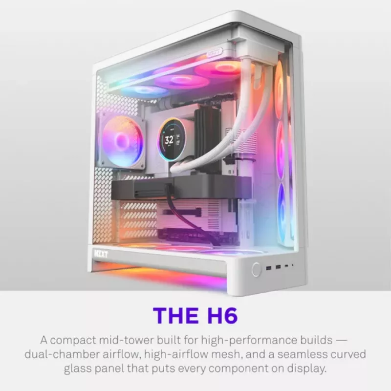 NZXT H6 RGB+ 2026 vidutinio bokšto oro srauto žaidimų korpusas baltas, grūdintas stiklas