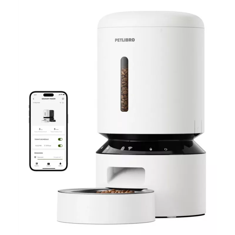 PETLIBRO Granary WiFi Feeder 5L Baltas – automatinis šėrykla su programėle, 10 šėrimų per dieną, balso įrašu ir nerūdijančio plieno dubeniu