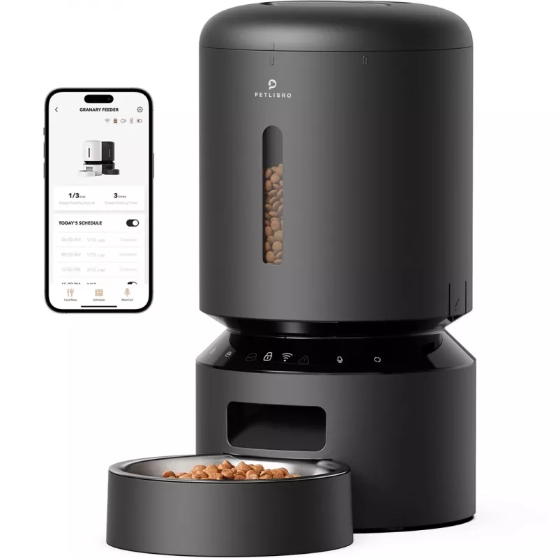 PETLIBRO Granary Wi-Fi automatinis gyvūnų ėdiklis, 5L, išmanus maisto daviklis katėms ir šunims, valdymas programėle, 10 šėrimų per dieną, balso įrašas, nerūdijančio plieno dubuo, juodas
