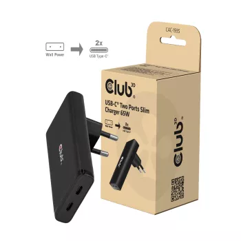 Club 3D CAC-1935 Slim 65W dvigubo USB-C GaN PD 3.1 PPS įkroviklis, juodas