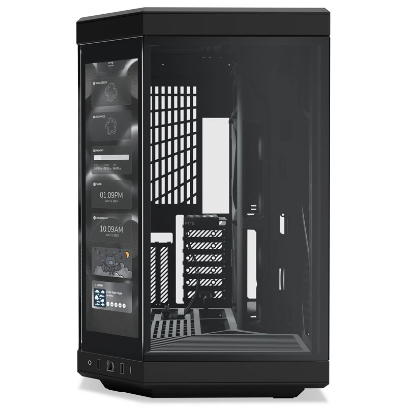HYTE Y70 Touch juodas Mid Tower korpusas su panoraminiu grūdintu stiklu ir 14,1 colio jutikliniu ekranu, ATX/E-ATX, vertikalia GPU laikikliu