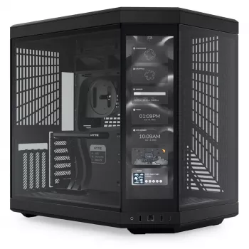 HYTE Y70 Touch juodas Mid Tower korpusas su panoraminiu grūdintu stiklu ir 14,1 colio jutikliniu ekranu, ATX/E-ATX, vertikalia GPU laikikliu