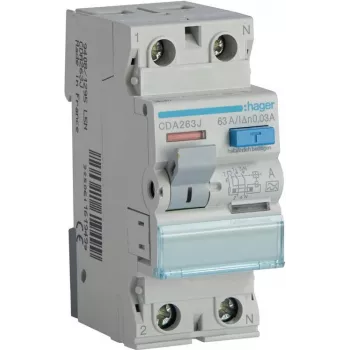 HAGER CDA263J liekamosios srovės grandinės pertraukiklis 1P+N 63A 30mA A tipo 6kA 230V 2 modulių DIN bėgelis