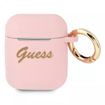 GUESS GUA2SSSI AirPods 1/2 dėklas rožinis silikoninis Vintage Script