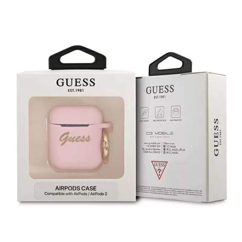 GUESS GUA2SSSI AirPods 1/2 dėklas rožinis silikoninis Vintage Script