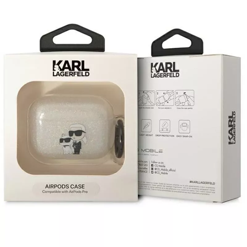 Karl Lagerfeld KLAPHNKCTGT AirPods Pro dėklas permatomas su blizgučiais Karl & Choupette