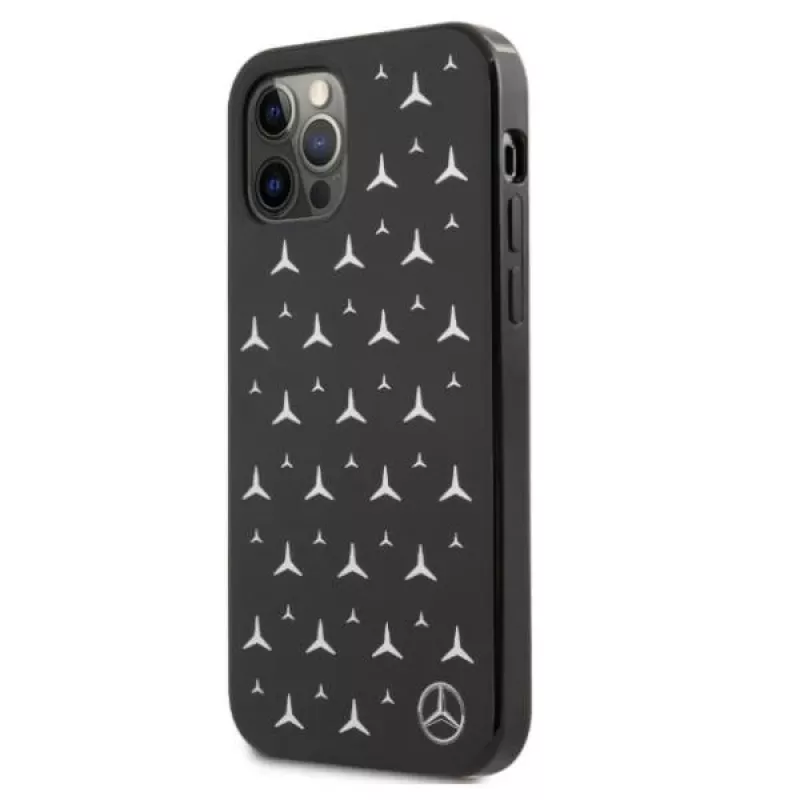 Mercedes-Benz iPhone 12 Pro Max kietasis dėklas, sidabrinių žvaigždučių raštas, juodas