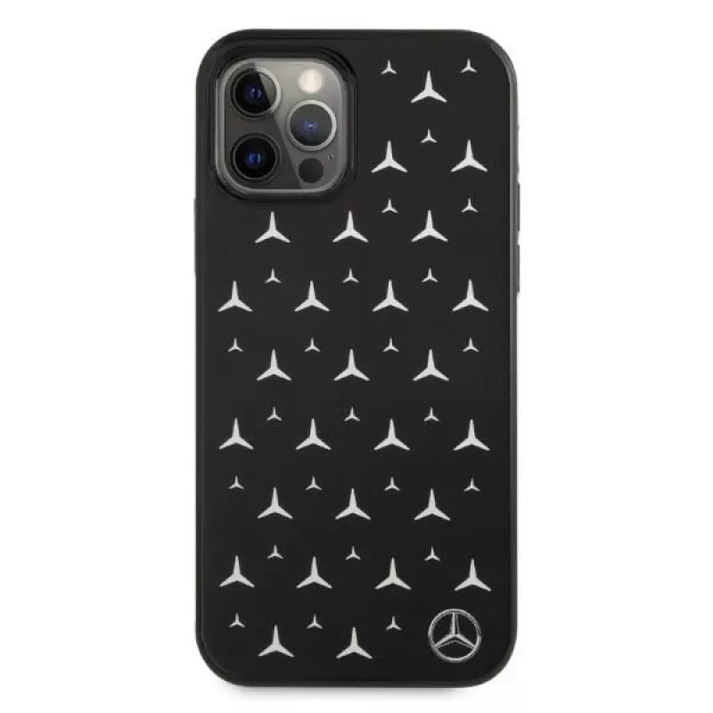 Mercedes-Benz iPhone 12 Pro Max kietasis dėklas, sidabrinių žvaigždučių raštas, juodas