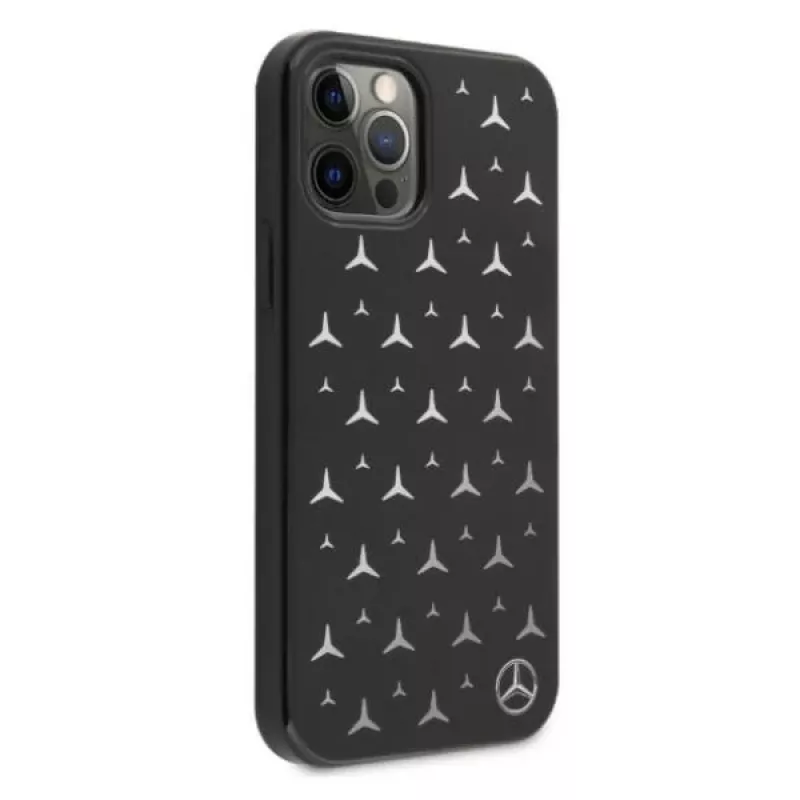 Mercedes-Benz iPhone 12 Pro Max kietasis dėklas, sidabrinių žvaigždučių raštas, juodas