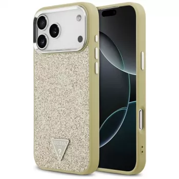GUESS Glitter Triangle Logo MagSafe dėklas, skirtas iPhone 17 Pro Max - auksinis