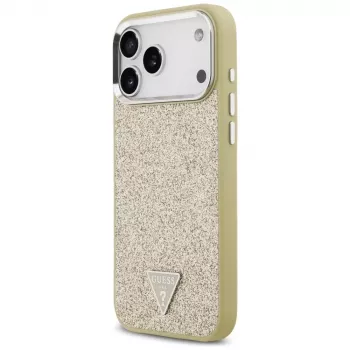 GUESS Glitter Triangle Logo MagSafe dėklas, skirtas iPhone 17 Pro Max - auksinis