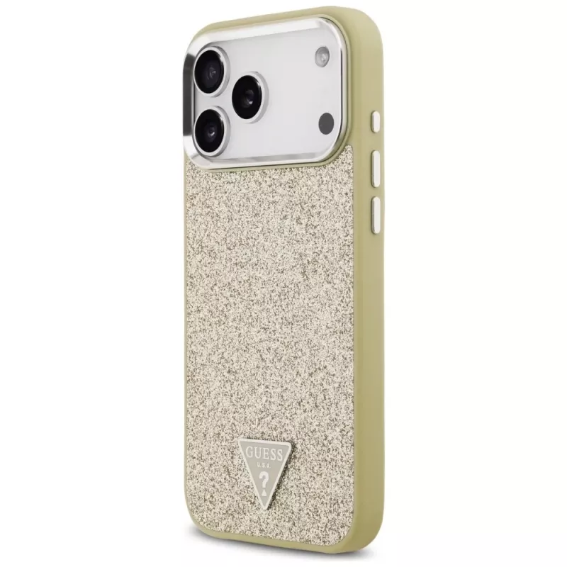 GUESS Glitter Triangle Logo MagSafe dėklas, skirtas iPhone 17 Pro Max - auksinis