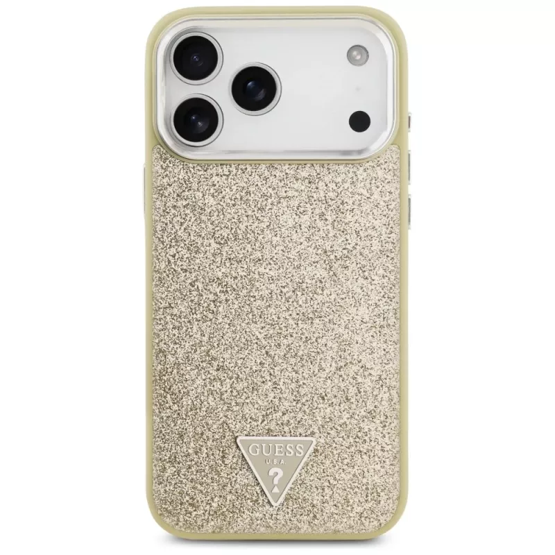 GUESS Glitter Triangle Logo MagSafe dėklas, skirtas iPhone 17 Pro Max - auksinis