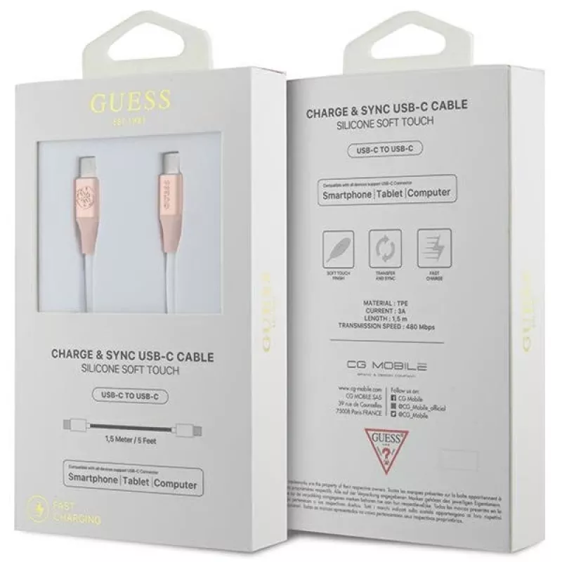 GUESS GUCCLALRGDP USB-C į USB-C greito įkrovimo laidas 1,5 m rožinis su reljefiniu logotipu