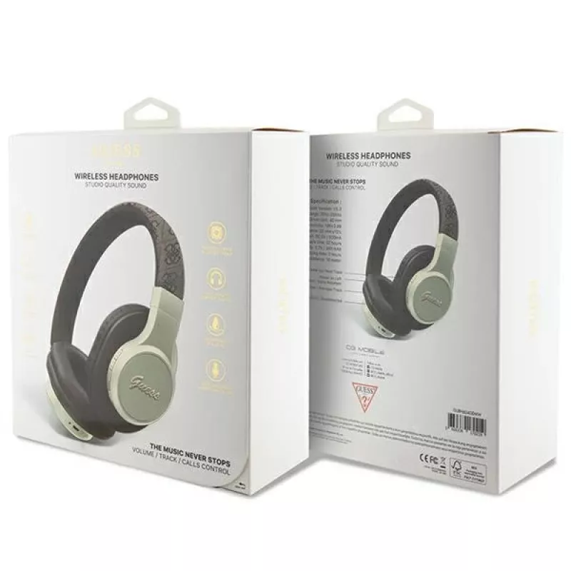 GUESS 4G Script Metal Logo belaidės ausinės ant ausų Bluetooth 5.3 ruda