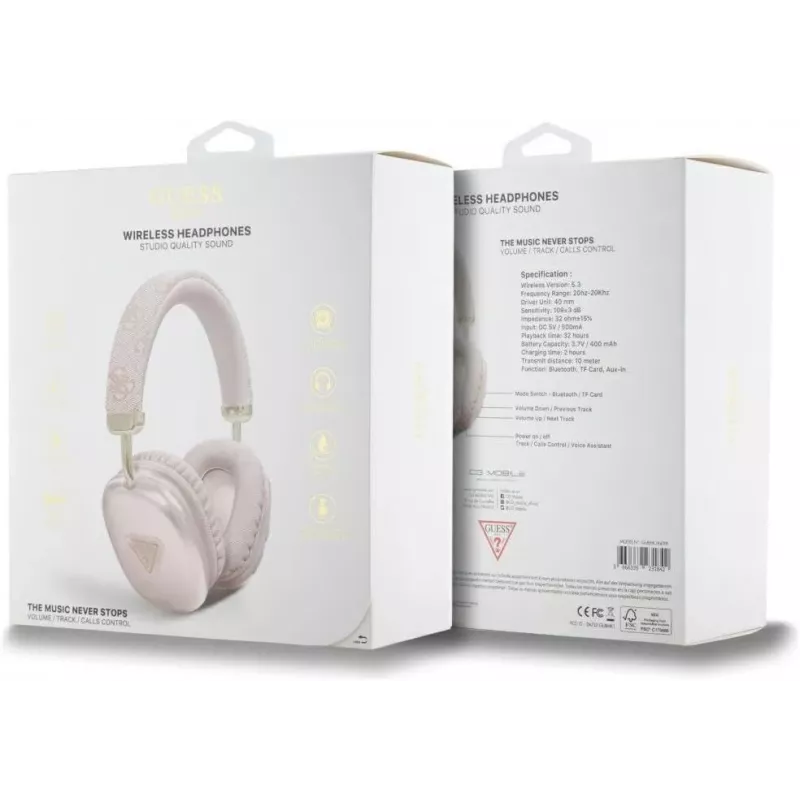 GUESS PU Leather 4G Triangle Logo Bluetooth stereo ausinės, rožinės spalvos