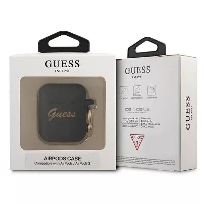 Guess GUA2SSSK AirPods 1/2 dėklas juodas silikoninis Vintage Script