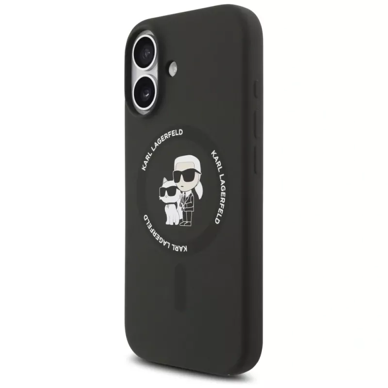 Karl Lagerfeld Silicone Karl & Choupette Ring MagSafe dėklas, skirtas iPhone 17 - juodos spalvos