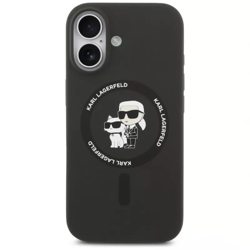 Karl Lagerfeld Silicone Karl & Choupette Ring MagSafe dėklas, skirtas iPhone 17 - juodos spalvos