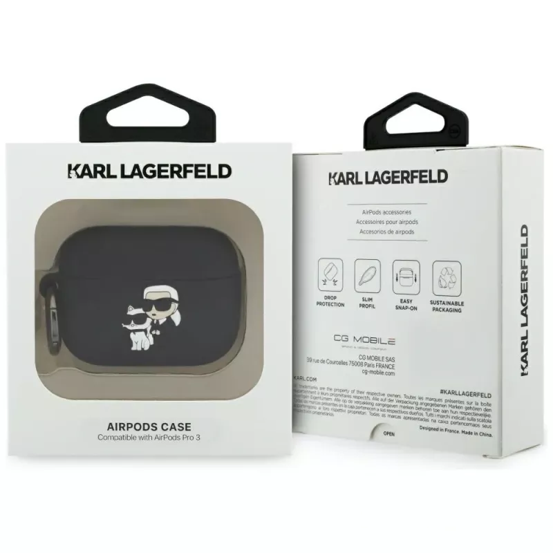 „Karl Lagerfeld“ silikoninis 3D „Karl & Choupette“ galvutės dėklas, skirtas „AirPods Pro 3“, juodas
