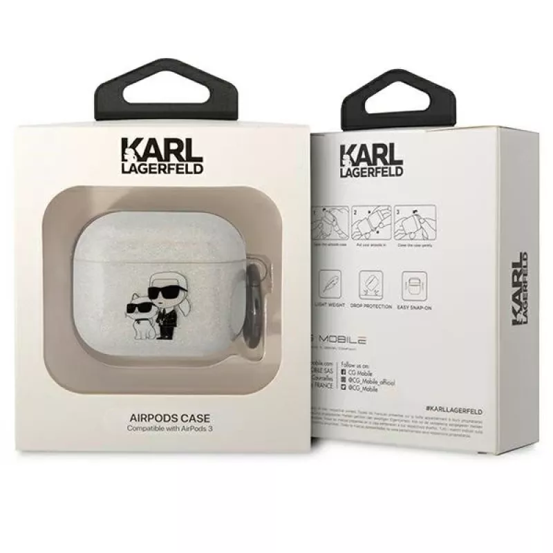 Karl Lagerfeld KLA3HNKCTGT AirPods 3 dėklas permatomas su blizgučiais Karl & Choupette
