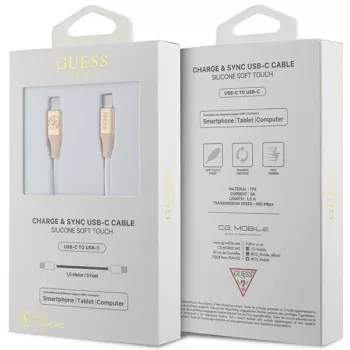 GUESS GUCCLALRGDD USB-C į USB-C laidas 1,5 m, greitas įkrovimas, šviesiai auksinis, įspaustas logotipas