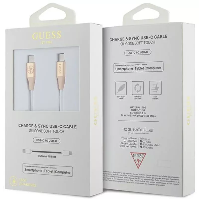 GUESS GUCCLALRGDD USB-C į USB-C laidas 1,5 m, greitas įkrovimas, šviesiai auksinis, įspaustas logotipas