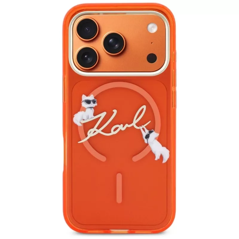 Karl Lagerfeld IML Choupettes Karl Script Logo MagSafe dėklas, skirtas iPhone 17 Pro Max, oranžinis