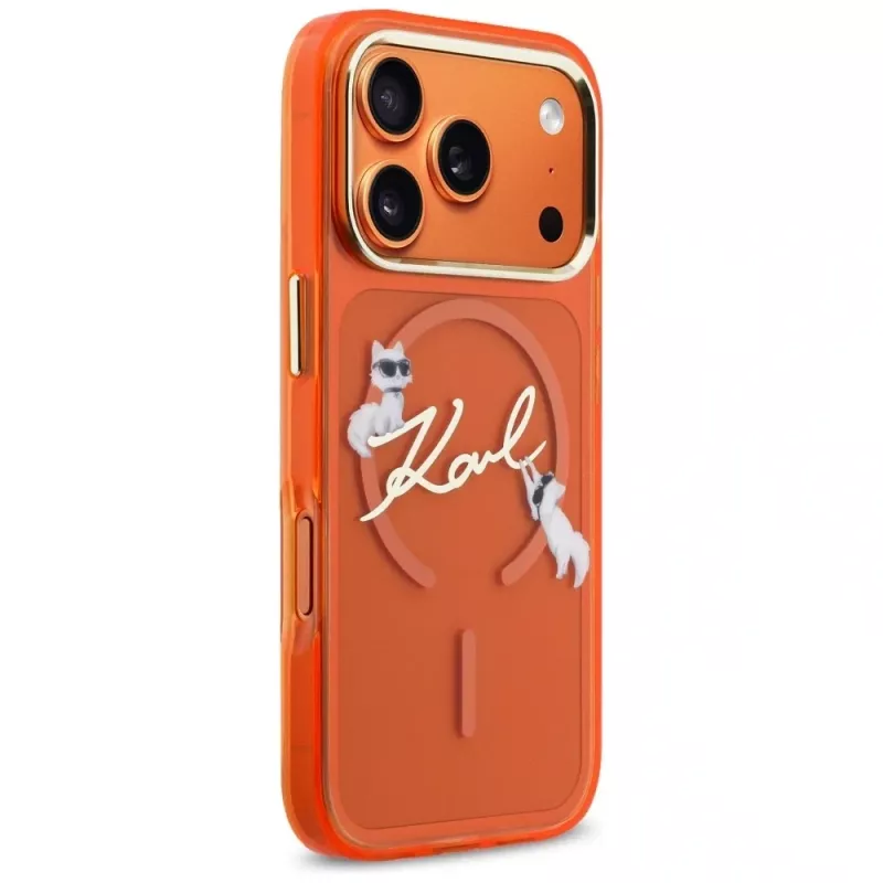 Karl Lagerfeld IML Choupettes Karl Script Logo MagSafe dėklas, skirtas iPhone 17 Pro Max, oranžinis