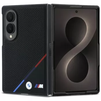 BMW M odinė perforuota trijų spalvų juostos metalinių logotipų MagSafe dėklas, skirtas Samsung Galaxy Z Fold8 - juoda